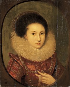 Portrait of a Girl, Bust-Length, in a Scarlet Embroidered Dress and Lace Collar