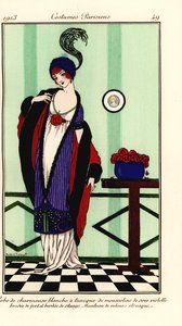Woman in White Charmeuse Satin Gown with Violet Chiffon Tunic Trimmed with Skunk Fur, Cape of Etruscan Velvet