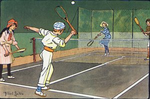 Lawn tennis. Engraving in "What are we playing?" by E. Weber with watercolour drawings by Robert Salles. Librairie Garnier Freres, Paris by Robert Salles