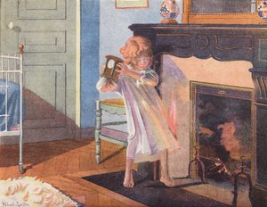 Little Girl Holding a Clock by a Fireplace