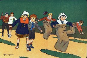 The bag race. Engraving in "What are we playing?" by E. Weber with watercolour drawings by Robert Salles. Librairie Garnier Freres, Paris by Robert Salles