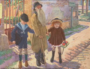 Two Children Helping an Old Blind Man After He Lost His Stick