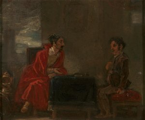 Illustration for Don Quixote, Two Figures at a Table by Robert Smirke
