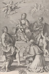 Madonna and Child at center with Saint John the Baptist, Saint Luke, Pope Peter Celestini, 1694