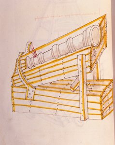 Art of war: study on military machinery. Canon poses on its watch, with a system to lift it, illustration from 