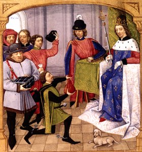 French King Philip V (1293-1322) receiving tax, illumination by Robinet Testard from 