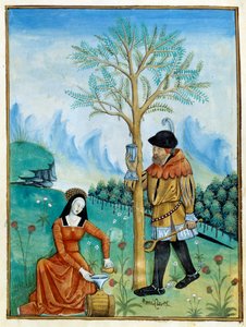 The Balm Recolation. A man collates the resin, or seve, flowing from a tree (Flora: balsamier), used for medicine, while a woman puts it in a barrel. Miniature in 