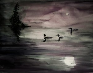 Loons on a Moonlit Lake by RodMacIver
