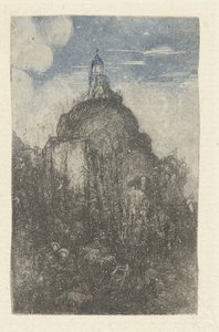 Building on a Rock and Resting Shepherds with Sheep at the Foot of the Rock from Le Phare, Chapelle alpestre by Rodolphe Bresdin
