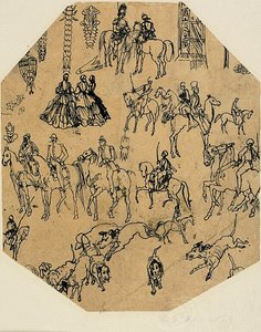 Sheet of Sketches: Hounds, Riders, Ladies. Architectural Elements, Insects by Rodolphe Bresdin