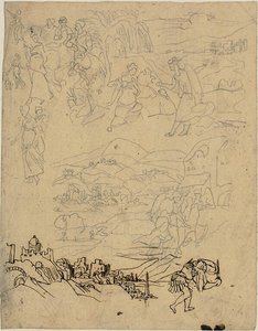 Sketches of Biblical Scenes, Town by Lake, Mountain Village, Warrior