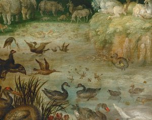 The Pond. Animals Drinking, Ducks Swimming, a Unicorn in the Background