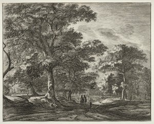 Six Views in the Wood of the Hague: Plate 1, Two Men Preceded by a Hunter by Roelant Roghman