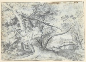 Forest Scene with Large Trees, Under Which Are Two Men and a Dog. To the Right a Bridge