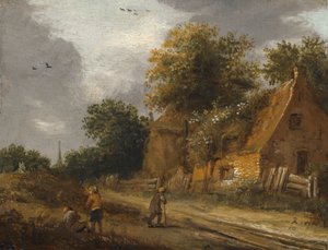 Three Figures Passing Along a Road Before a Cottage by Roelof Jansz van Vries