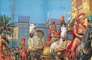 Alexander The Great, borne in his chariot, riding in triumph into Babylon