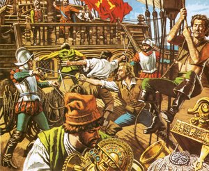 Sir Francis Drake Attacking the Spanish by Roger Payne