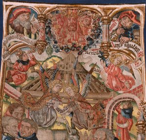 Flemish tapestry. Triptych of the Birth of Christ. Models from Cartoonist of the circle of Rogier van der Weyden. Manufacture Southern Netherlands. Ca 1492. Fabric Gold, silver, silk and wool.