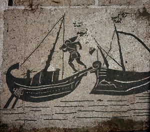 Ancient Ostia. Place des Corporations. Mosaic of the Sabratha Seafarers Corporation. Loading goods on a vessel