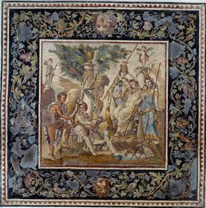 Art of Ancient Rome: Judgment of Paris. Mosaic from the house of the Atrium in Antioch, 2nd century AD. Louvre Museum