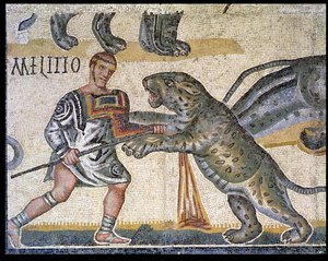 Battle of gladiators against the wildcats, detail depicting a gladiator running through a wildcat by Roman