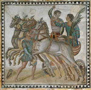 Chariot Race with the Charioteers in Starting Position and a Groom Near the White Horse