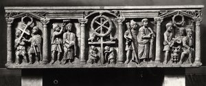 Christian sarcophagus decorated with scenes of the Passion of Christ including the Arrest and Christ before Pontius Pilate, from the Catacombs of St. Domitilla