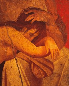 Detail of fresco depicting Flagellate, Second Pompeian Style, from Villa of Mysteries, Pompeii, Campania, Roman Civilization