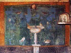 Fresco with fountain, mask and birds, House of Venus in shell, Pompeii, Campania, Italy, Roman civilization