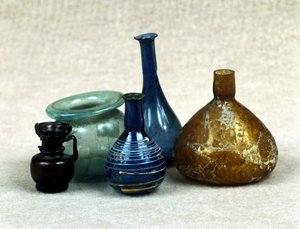 Glass bottles and vials containing perfumes, balms and ointments. Roman period. 1st century AD.