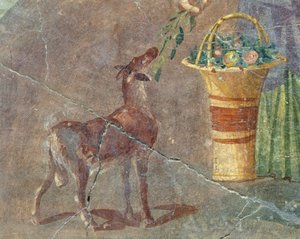 Goat and basket of fruit, fresco from Pompeii, Campania, Italy, Roman civilization