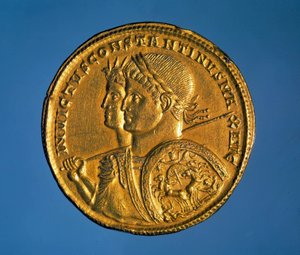 Gold solid coin with the effigy of Emperor Constantine I the Great by Roman