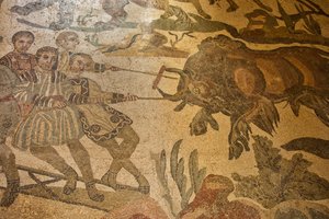 Hall of the Great Hunt, floor mosaic hunting scene, Villa Romana del Casale, Piazza Armerina, Sicily, Italy