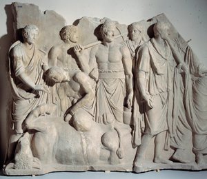 Marble relief from Forum Trajan: scene of haruspice consulting the bowels of a bull with priest and lictors by Roman