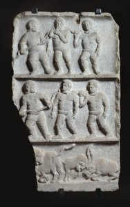 Marble relief with 3 registers: slaves in chains and animals by Roman