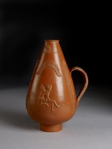 Piriform jug with applied decoration of leopard or cheetah attacking a convict, drunken Pan raping a maenad by Roman
