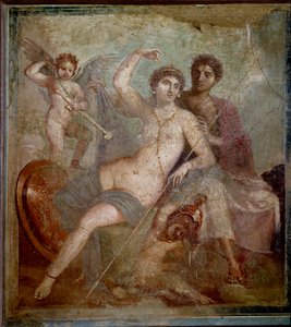Representation of Ares and Aphrodite, accompanied by loves playing with the weapons of the god. Fresco from the Villa de Mars and Venus in Pompei. 1st century AD. Archaeological Museum of Naples by Roman