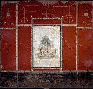Roman Art: Bucolic landscape and sacred. Fresco attributed to the master of Amando. from Boscotrecase, Agrippa Postumo villa. 1st century. Naples, Museo Archeologico Nazionale