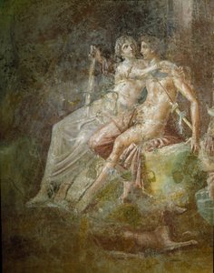 Roman Art: Venus and Mars. Fresco from the house of the Guitarist in Pompei. 3rd style by Roman