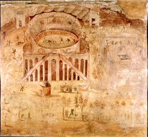 Roman Art: Violent Struggle Between the Inhabitants of Nocera and the Pompeians in the Amphitheatre of Pompeii in 59 AD (Detail) by Roman