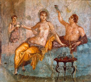 Roman Art: Banquet Scene, a Young Man and a Courtesan. Roman fresco of the 4th Pompeian style from the site of Ercolano (Herculaneum) 60-80 AD