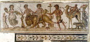 Roman antiquity: Dionysian Procession. Silene rides a camel, a maenad plays an instrument. Mosaic from El Jem (Thysdrus). 3rd century AD