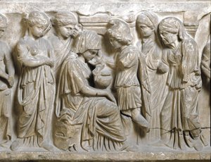 Roman antiquity: The sadness of Phedrus in love and repelled by Hippolyte. Low relief of sarcophagus called Phedrus and Hyppolite. 3rd AD