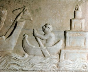 Roman art: a sailor guiding a ship in the port of Ostia, the lighthouse of the city is visible (Detail) by Roman