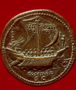 Roman art: coin of Emperor Hadrian representing an imperial galley by Roman