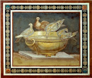 Roman Art: Four Doves Drinking from a Fountain by Roman