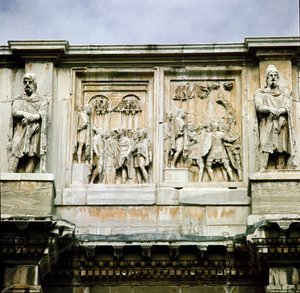 Roman art: low marble relief representing the distribution of subsidies and the surrender of a barbarian leader by Roman