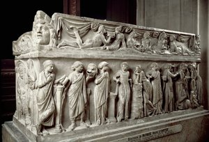Roman art: marble sarcophagus decorates stockings depicting the Muses and a banquet scene