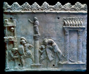 Roman art: scene of combat of gladiators against beasts or venatio. 1st century BC. Geneva, Museum of Art and History