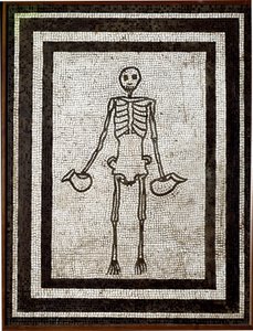 Skeleton bearing askos. Mosaic from the Vesuve region. 1st century BC